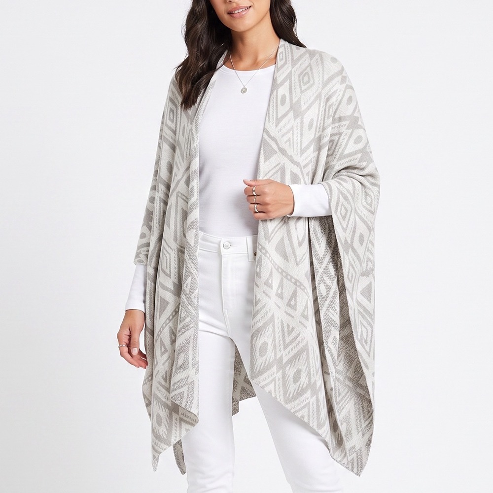 Silence + Noise Kimono Womens OS Geometric Tribal Draped Grey Cream Good